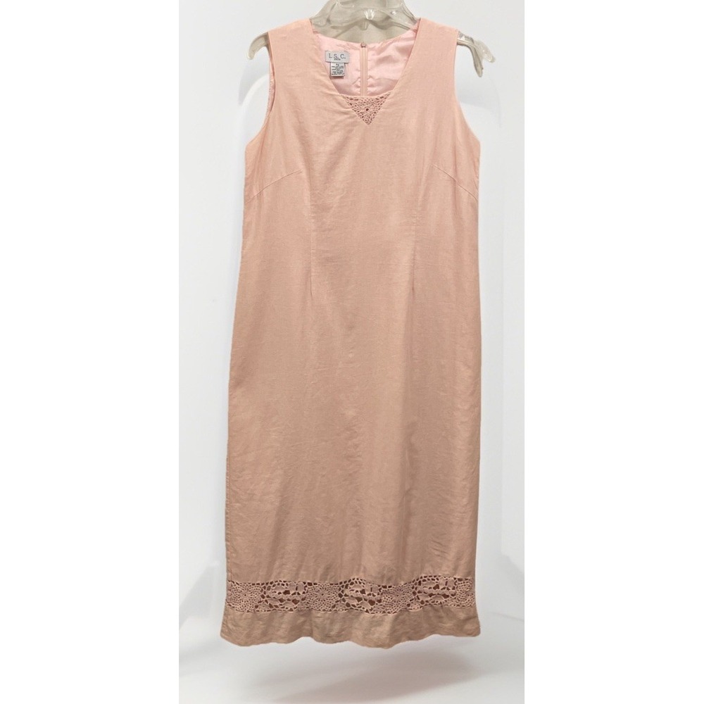 I.S.C. Pink Pastel Linen Blend Maxi Sheath Dress Crochet Accents Women's Size PS